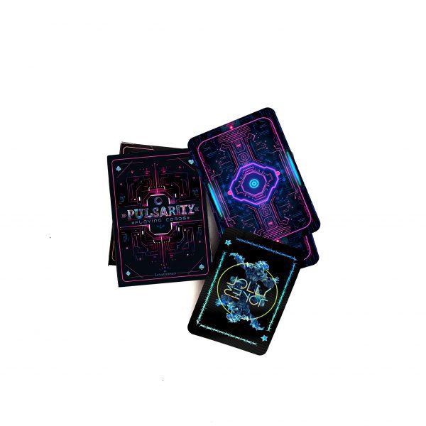 pulsarity playing cards_by_lunartdesign, lunart design, pulsarity, pulsar, ortographic view, backside of pulsarity, game cards, ace of clubs, ace of spades, game cards, poker, rummy, crazy 8, hearts, cyberpunk, cyber, pink and purple,