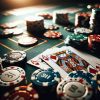 A close-up photo shot of a poker game in progress, featuring a poker table with cards and chips scattered around, but without any humans visible. The