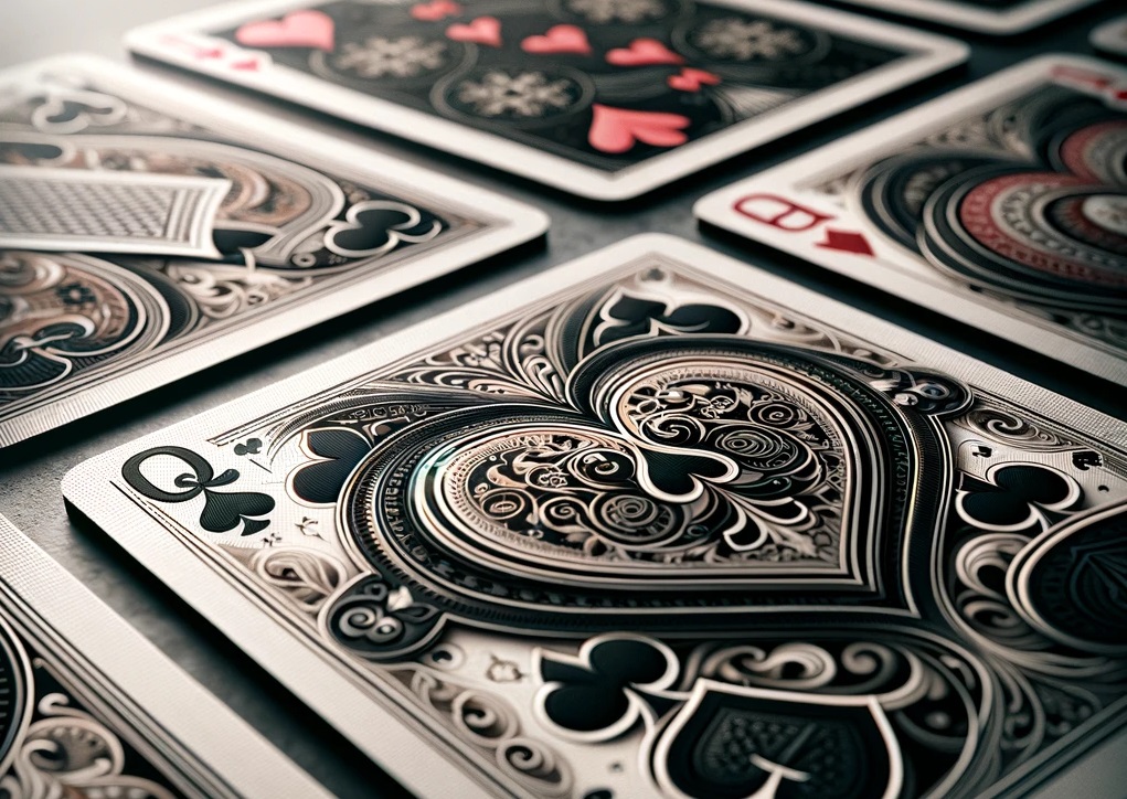 rummy A close-up view of a neatly arranged set of playing cards spread out on a smooth, dark surface. The cards are fanned out in a way that showcases their