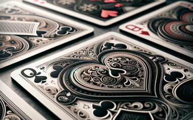 rummy A close-up view of a neatly arranged set of playing cards spread out on a smooth, dark surface. The cards are fanned out in a way that showcases their